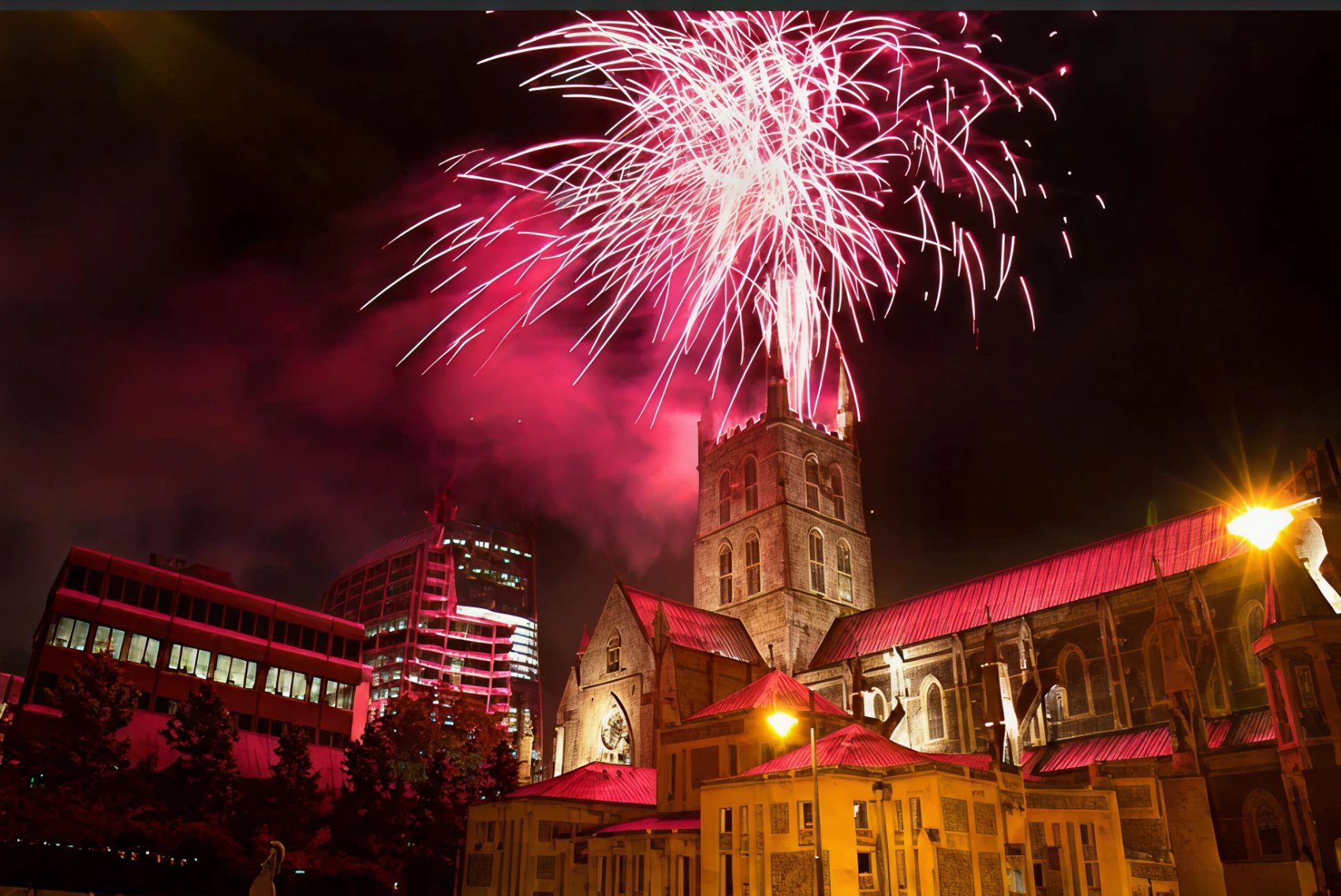 Fireworks over a cathedral